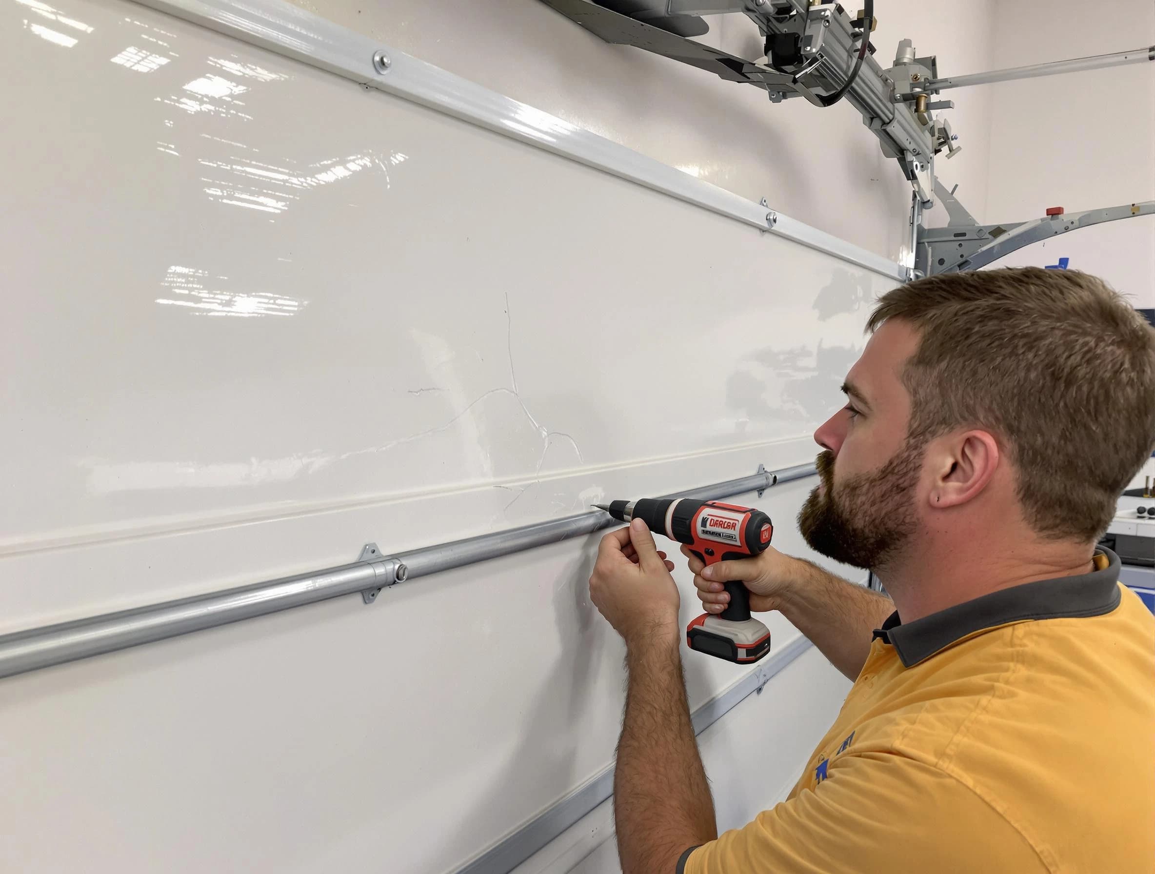Upper Arlington Garage Door Repair expert performing dent repair on garage door in Upper Arlington