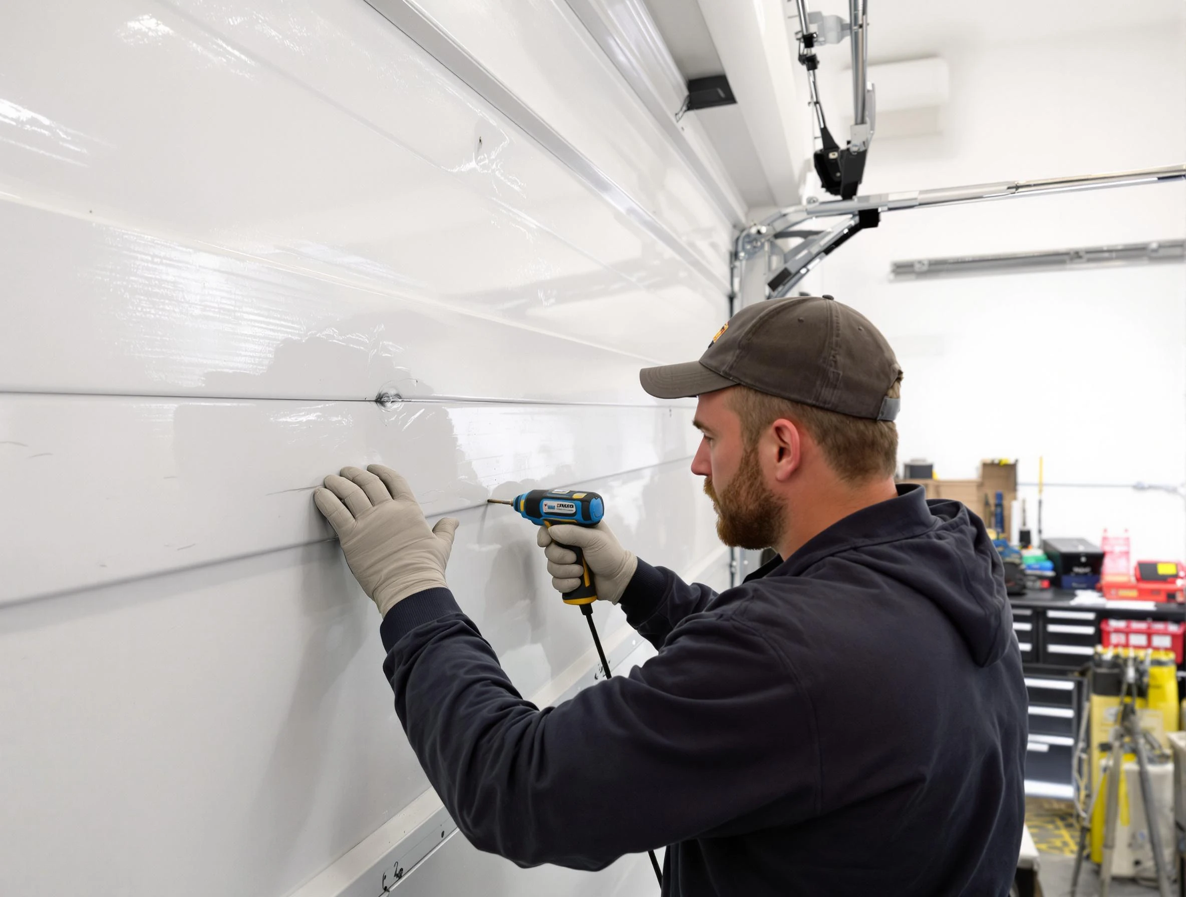 Upper Arlington Garage Door Repair technician demonstrating precision dent removal techniques on a Upper Arlington garage door