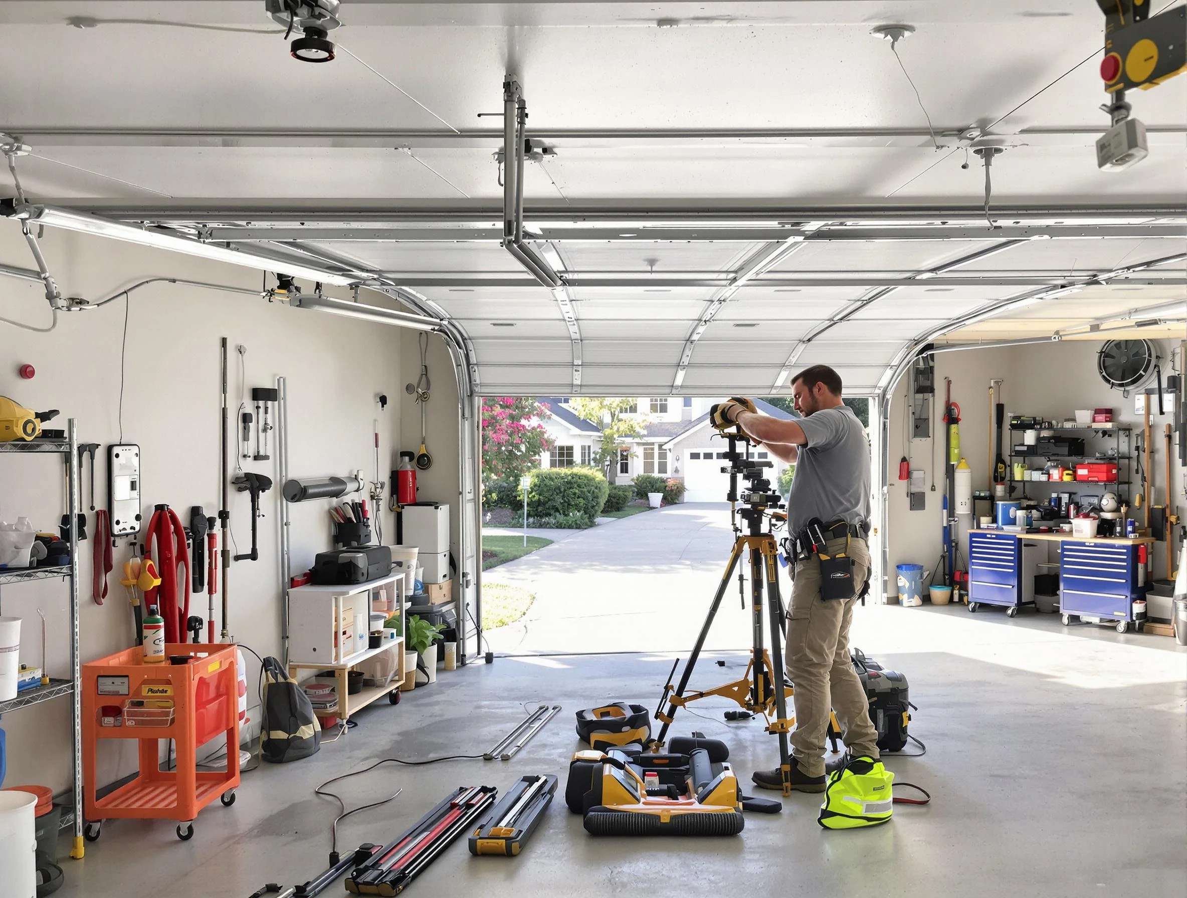 Upper Arlington Garage Door Repair specialist performing laser-guided track alignment in Upper Arlington